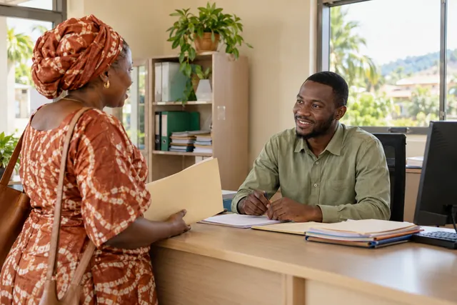 Ambiance de la vie communale en Guinée — scène fictive générée pour la démonstration.